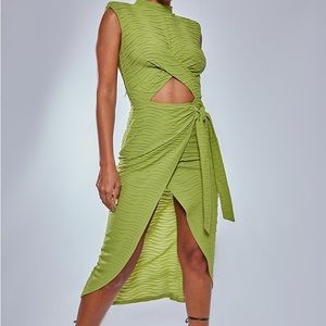 Olive Textured High Neck Cross Waist Wrap Midi Dress